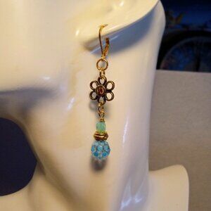 Flower Earrings w/Blue and Green Crystals